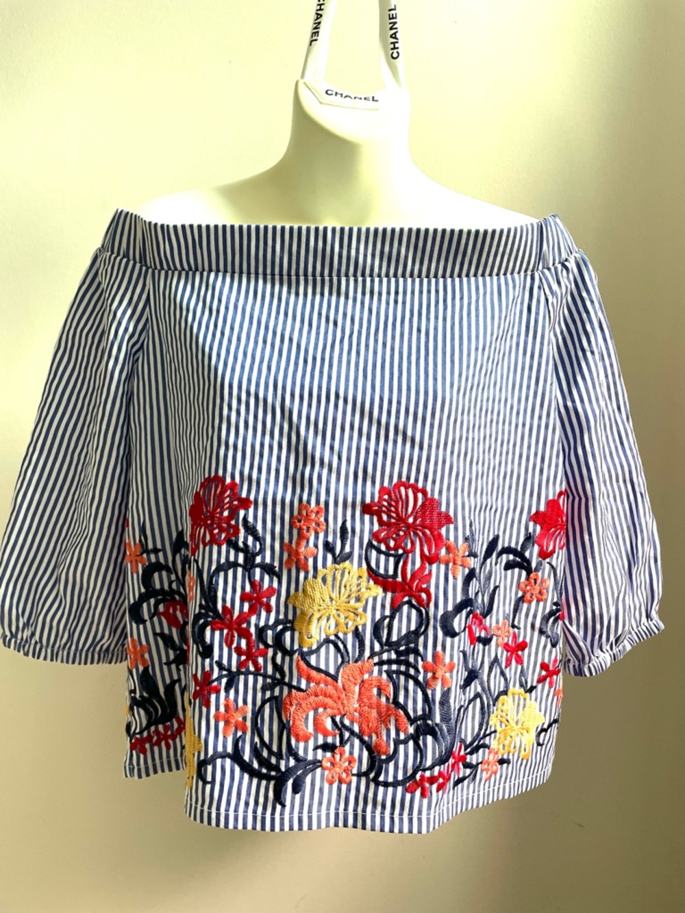 Embroidered Romeo & Juliet Couture Blue & White Striped Off-Shoulder Floral Top